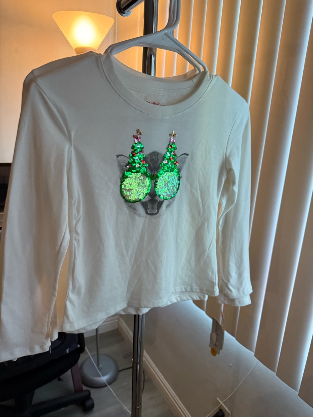 Cat & Jack White Long-Sleeve Top with Green Sequin Sunglasses